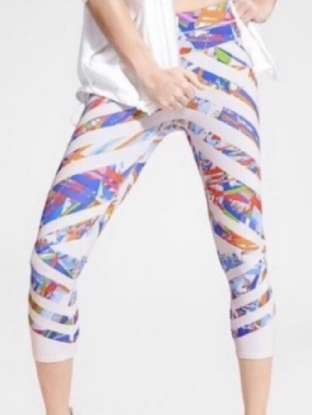 Athleta Kaleidoscope Sonar White Capri Leggings with Colorful Stripe Collage